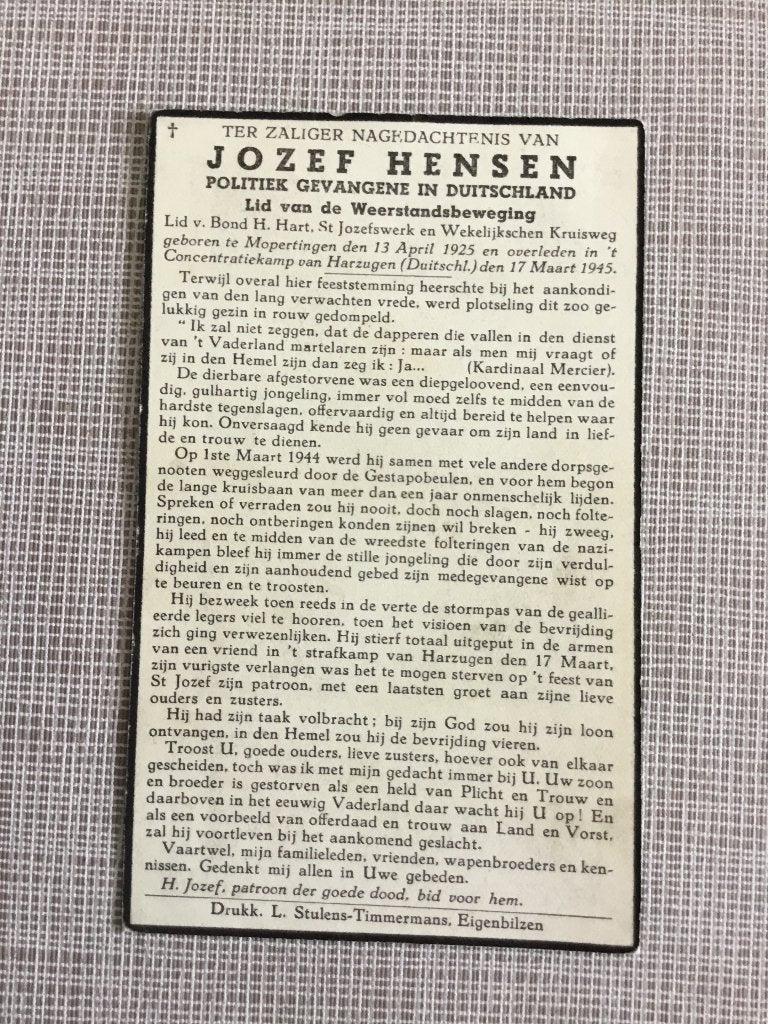 Victime de guerre J. Hensen Mopertingen +Allemagne 1945, Collections, Envoi, Image pieuse