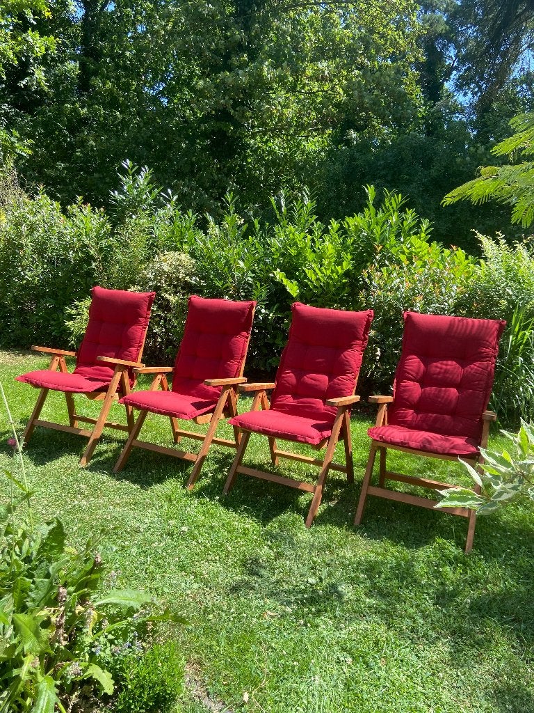4 Teakhouten verstelbare tuinstoelen incl. rode kussens, Ophalen, Zo goed als nieuw, Teakhout, Inklapbaar