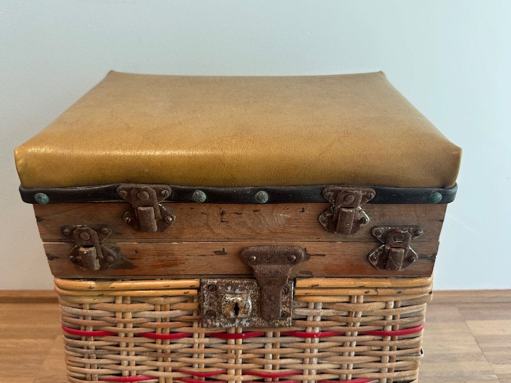 Vintage viskoffer visbak in riet, hout leder - uniek, Watersport en Boten, Ophalen, Gebruikt, Koffer of Tas