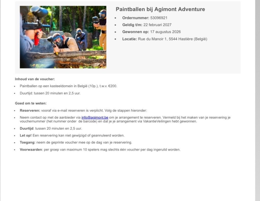 Voucher Paintball Agimont Adventure (10 pers.)waarde €200, Tickets en Kaartjes, Drie personen of meer