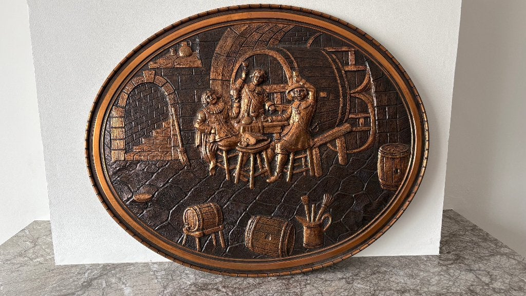 Groot koperen wandbord,vintage reliëf tafereel, Ophalen, Koper