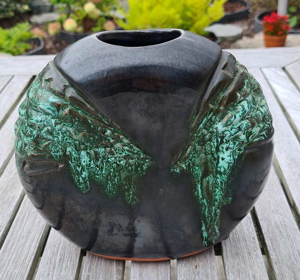 zwart vaasje met groen druipglazuur - perfecte staat, Ophalen, Zwart
