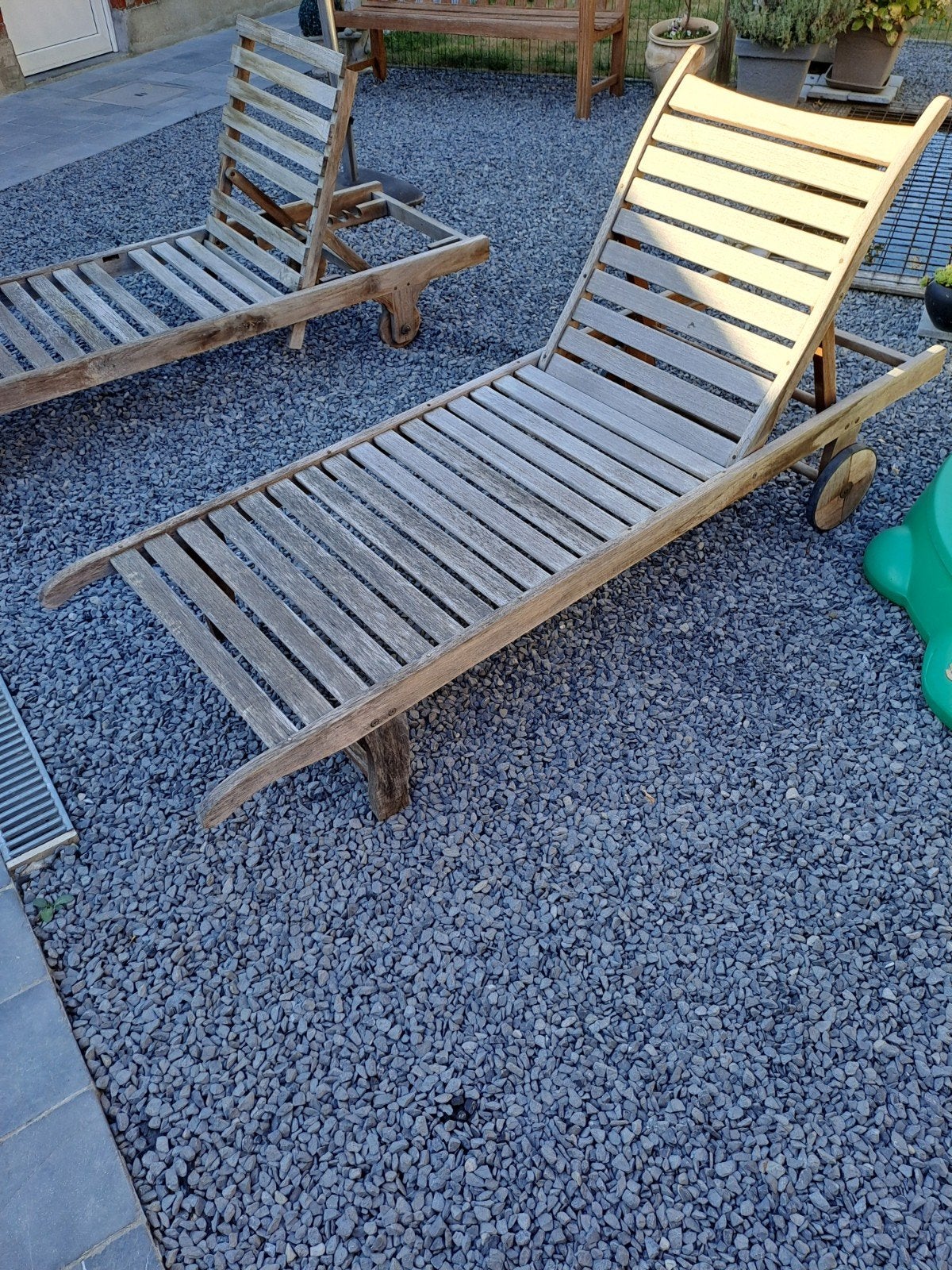 2 chaises longues réglables en teck, Jardin & Terrasse, Chaises longues, Enlèvement, Utilisé, Bois
