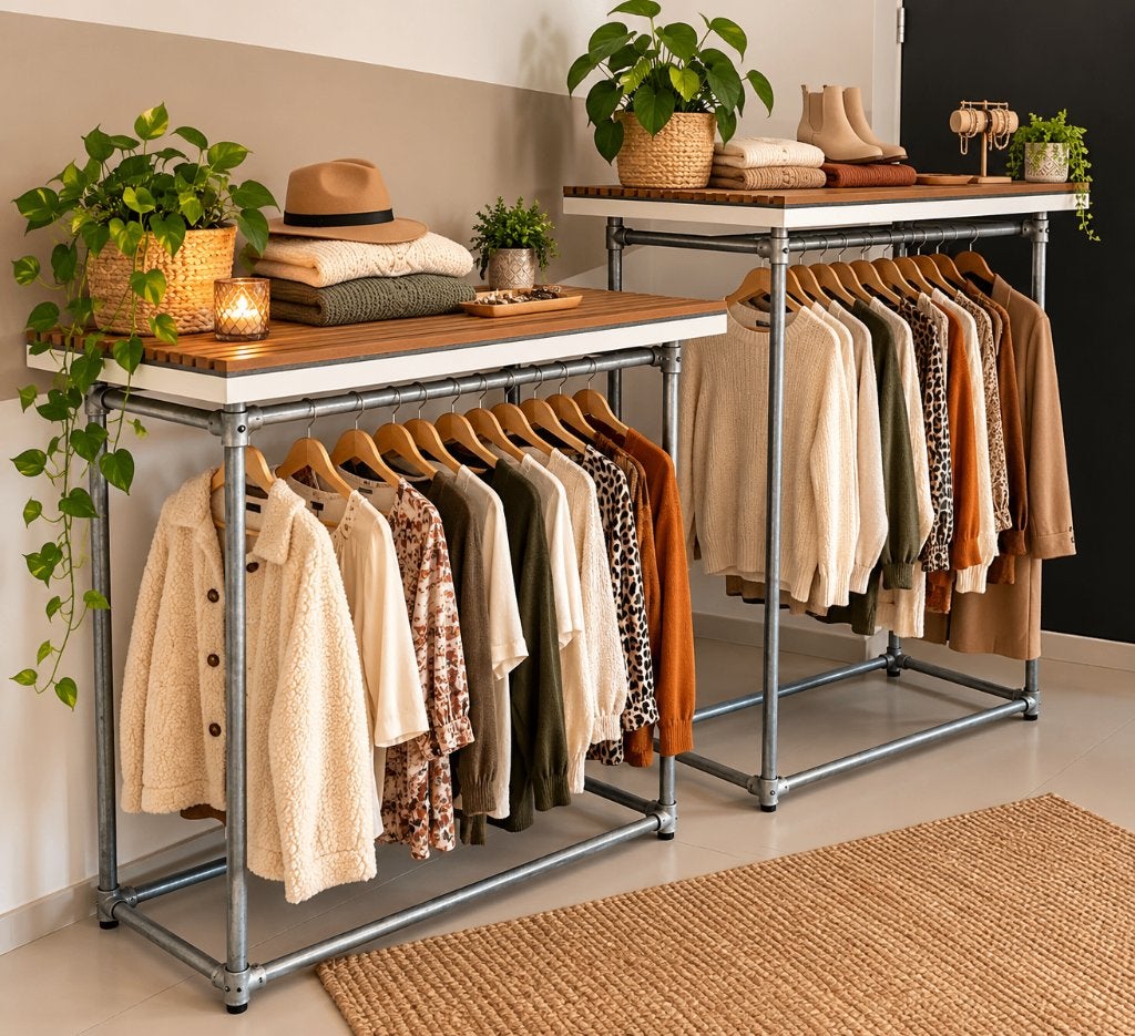 2x Industriële Presentatietafel met Lattenpaneel –Kledingrek, Ophalen, Gebruikt, X, X