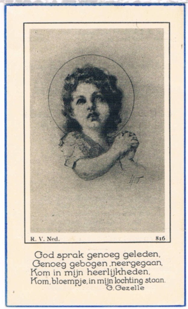 Dochtertje. Verdonck Rosa.  Ieper 1952 † Zillebeke 1952, Ophalen of Verzenden, Bidprentje