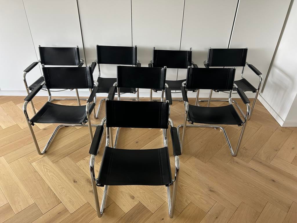 8 vintage leren buisframestoelen, Huis en Inrichting, Stoelen, Ophalen, Gebruikt, Zwart, Leer