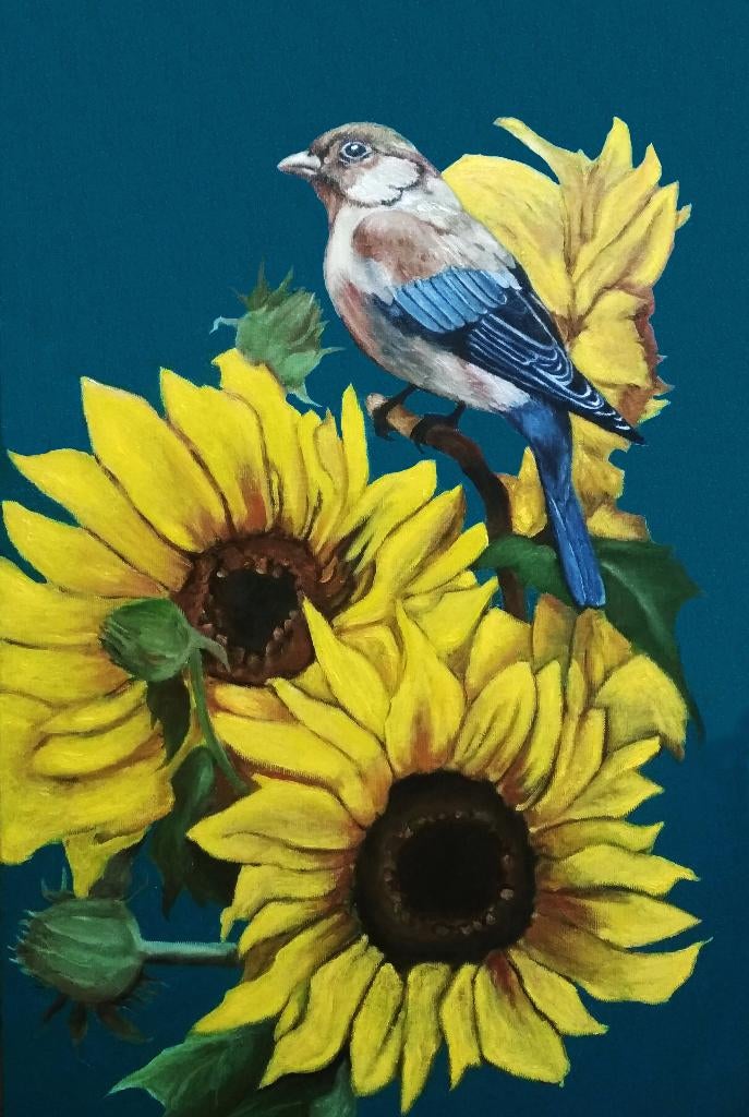 Schilderij "Vogel tussen zonnebloemen", Antiek en Kunst, Kunst | Schilderijen | Modern, Verzenden