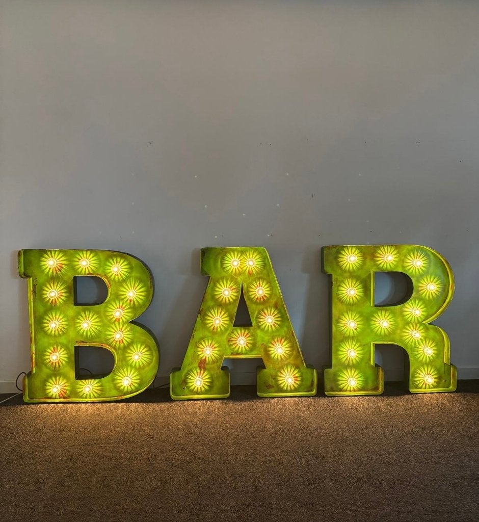 Handgemaakte Metalen Lichtletters BAR (101 cm hoog)op stroom, Industrieel, Nieuw, Groen, Ophalen