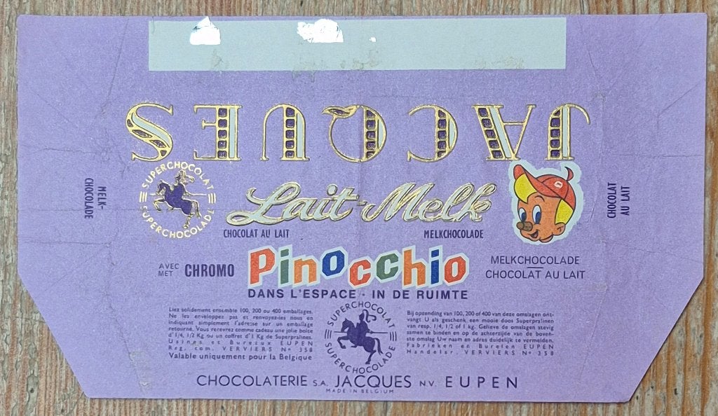 Emballage Chocolat Jacques Pinocchio dans l'espace 1965, Verzamelen, Ophalen of Verzenden, Gebruikt, Verpakking