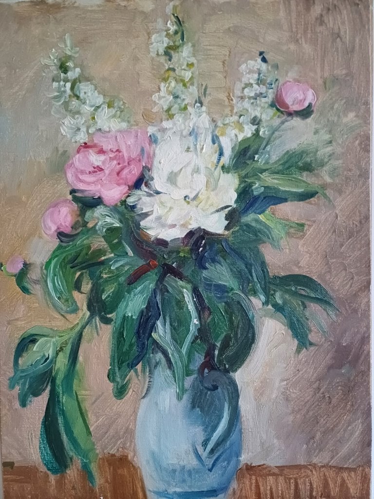 Groot bloemenstilleven M.VAN DEN BEMPT  60x40, Bloemen, Doek, Impressionistisch, Ophalen of Verzenden