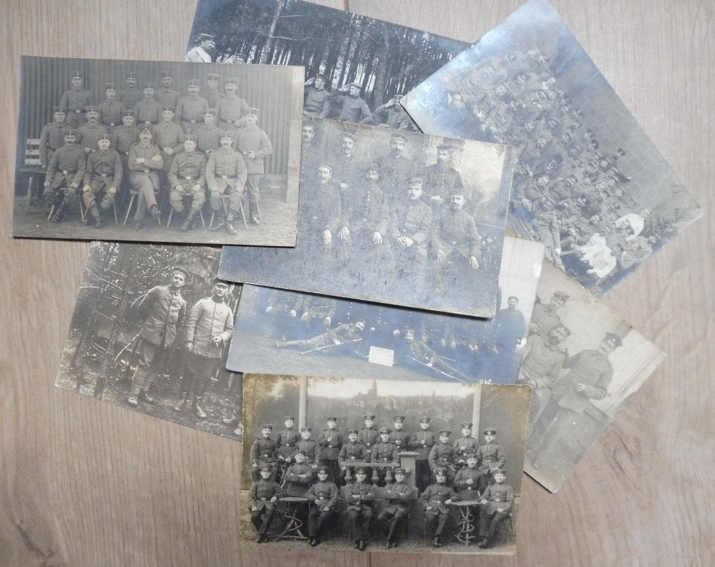 WO1 verzameling van 8 Duitse Fotokaarten. Groepsfoto's 14-18, Verzamelen, Verzenden, Landmacht, Overige typen