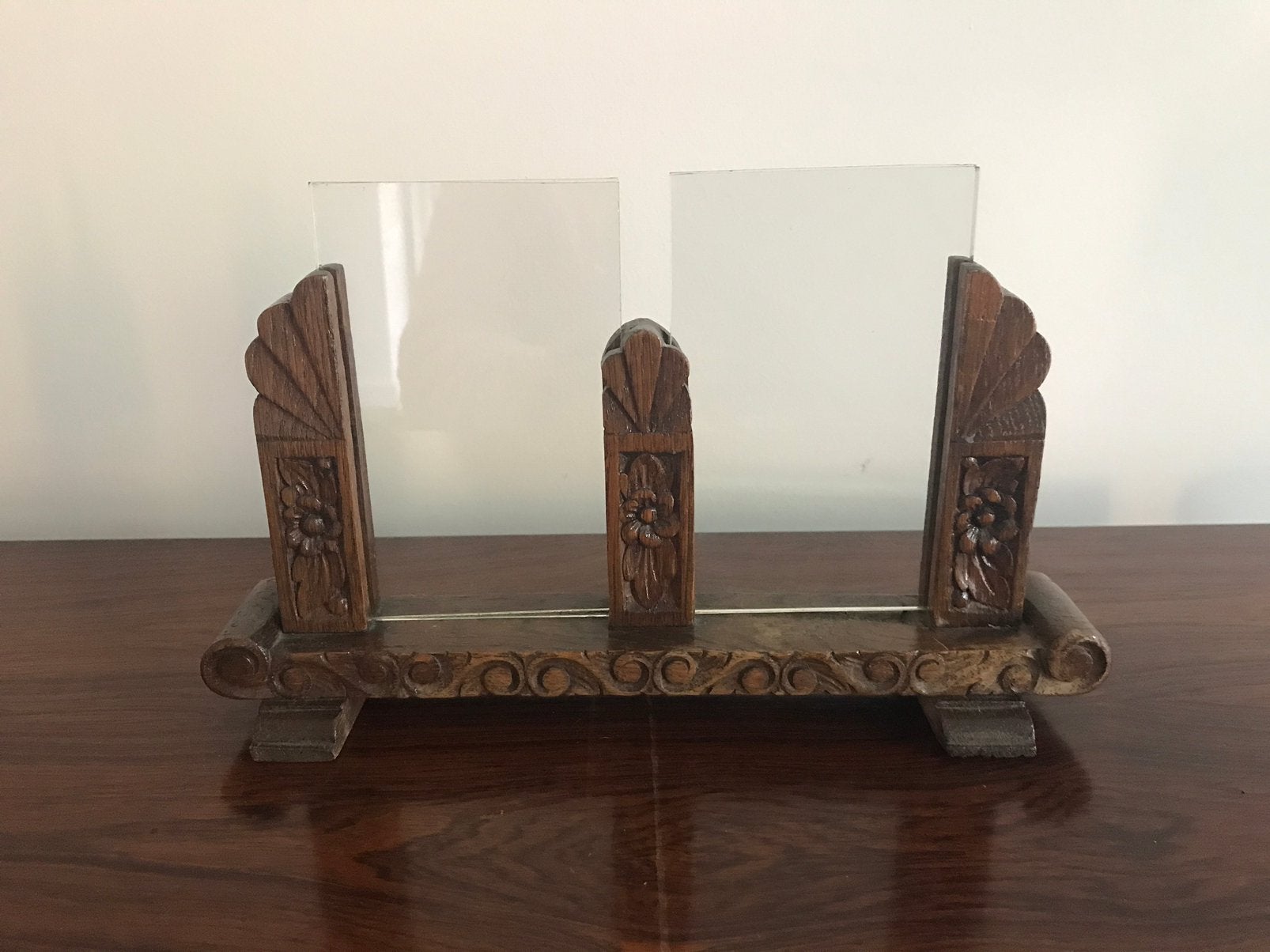 Oude dubbele houten lijst kader glas houtsnijwerk, Ophalen of Verzenden