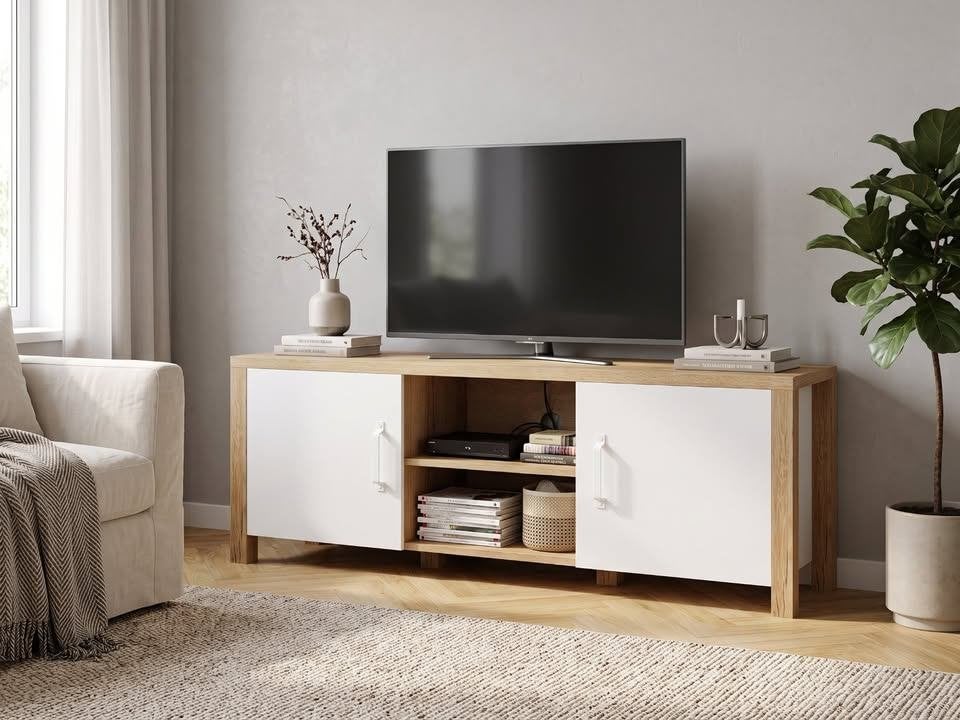 Meuble TV hi-fi OLIANNE 2 portes chêne naturel/blanc, Maison & Meubles, Neuf, 25 à 50 cm, Moins de 100 cm, 100 à 150 cm
