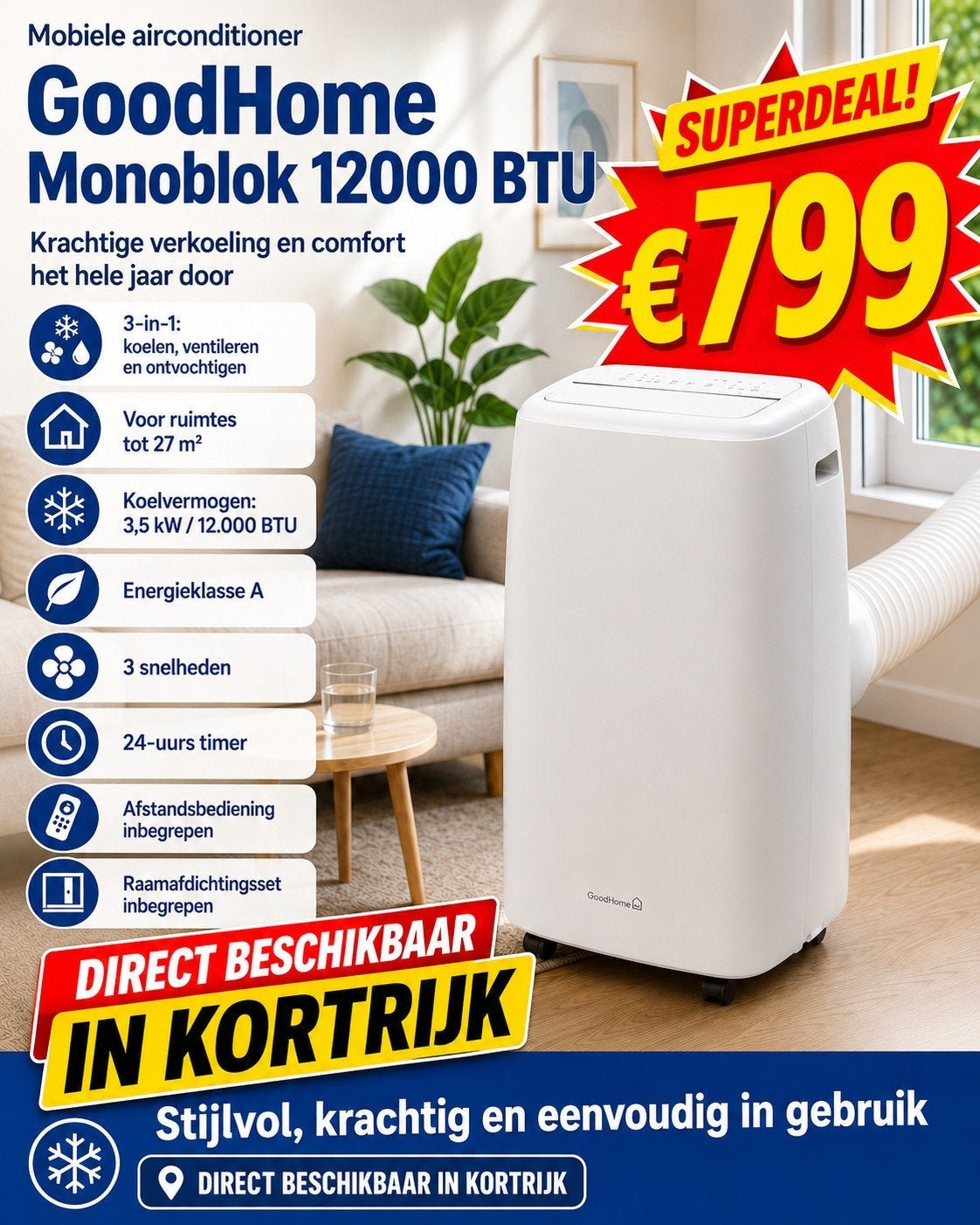 Nieuwe mobiele airco GoodHome 12.000 BTU / 3,5 kW 2j garanti, Elektronische apparatuur, Airco's, Mobiele airco, Afstandsbediening