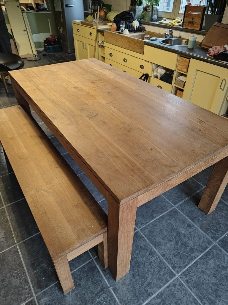 Houten eettafel met zitbank, Huis en Inrichting, Ophalen, Gebruikt, Vijf personen of meer, Rechthoekig