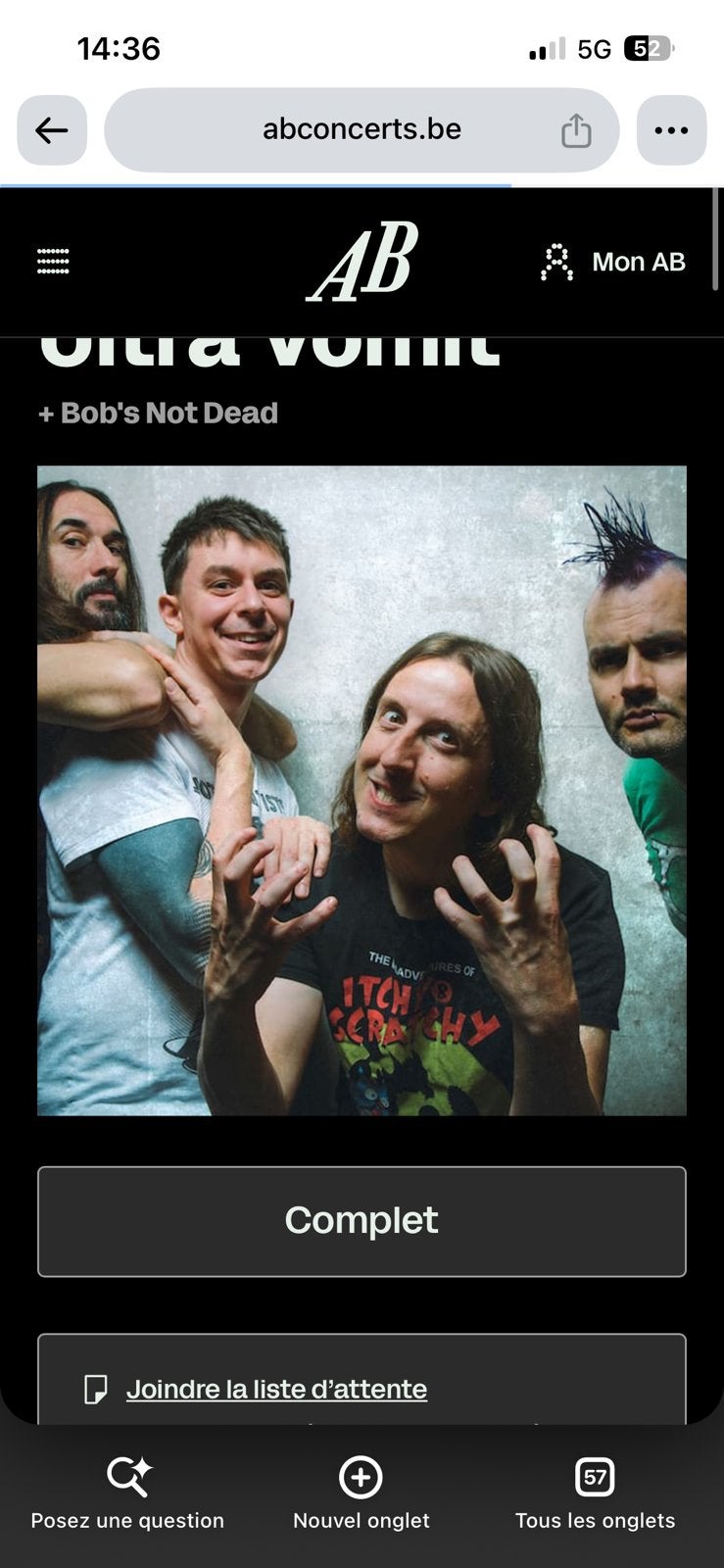 Ultra vomit - 1 place concert Bruxelles, Tickets & Billets, Une personne, Octobre