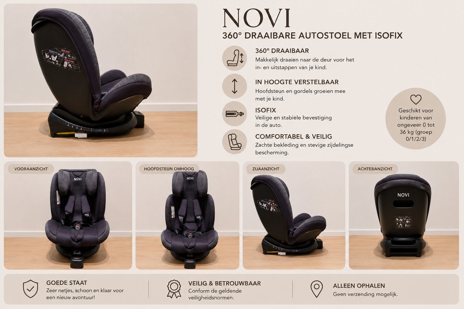 NOVI 360 Draaibare ISOFIX Autostoel, Ophalen, Zijbescherming, Isofix