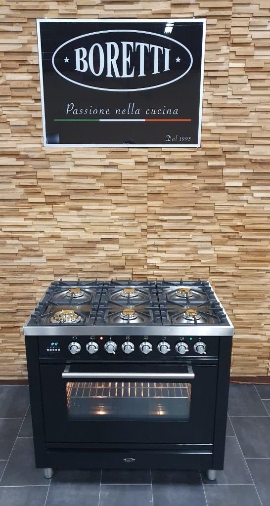 Luxe Boretti Fornuis 90cm hoogglans zwart rvs 6 pit 1 oven, Electroménager, Cuisinières, Comme neuf, Autoportant, 5 zones de cuisson ou plus