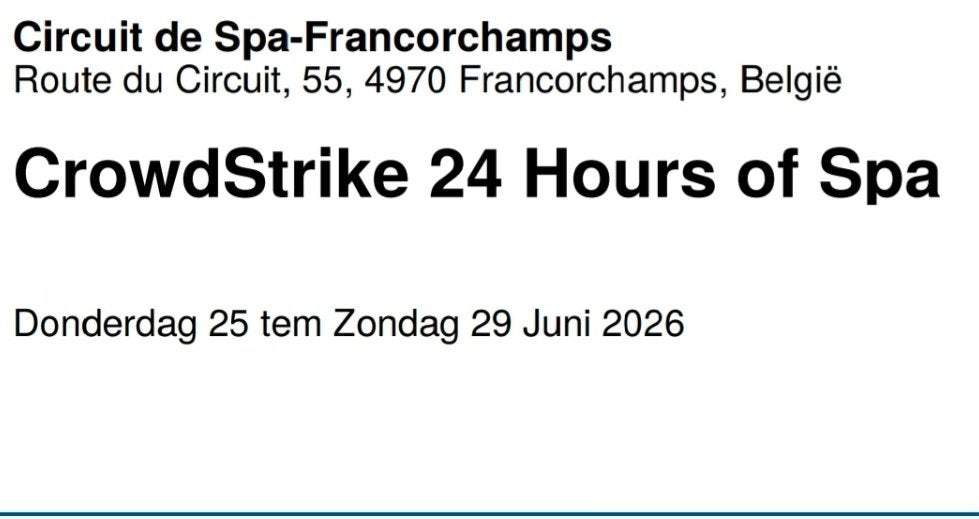 2 Tickets 24 Spa-Francochamps, Deux personnes, Juin