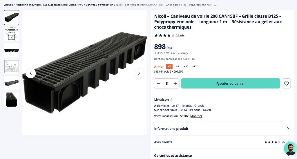 8 mètres de caniveau de voirie 200mm, Bricolage & Construction, Comme neuf, Enlèvement, Évacuation, Autres matériaux