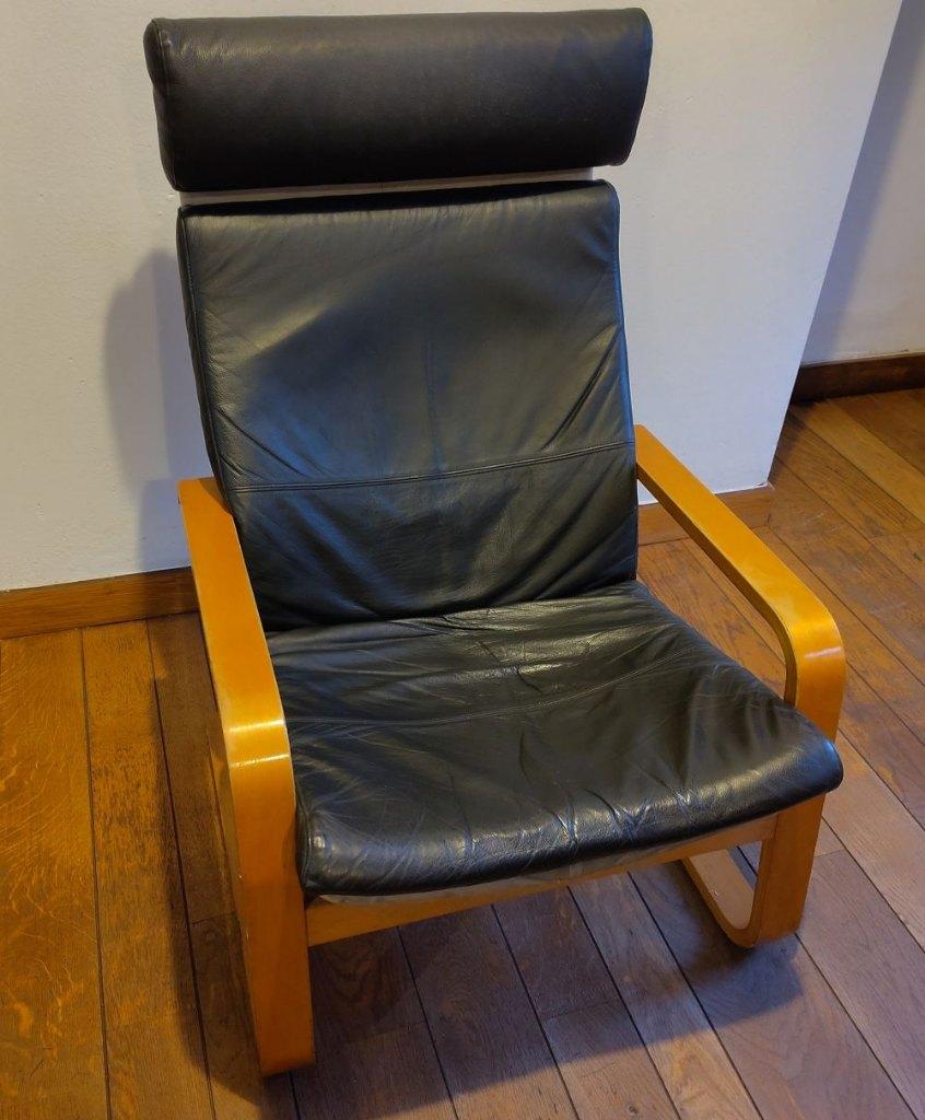 Fauteuil IKEA Poang cuir noir + 2e coussin cuir noir, 75 à 100 cm, Enlèvement, Utilisé, 50 à 75 cm