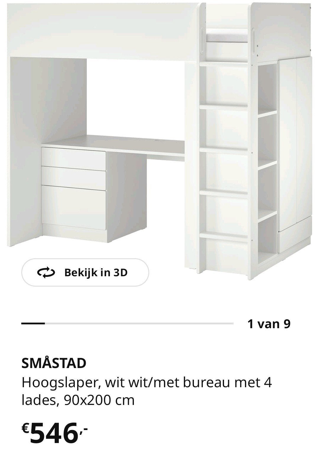 Ikea hoogslaper SMÅSTAD wit, mét kleerkast en gordijntjes, Enlèvement, Lit mezzanine