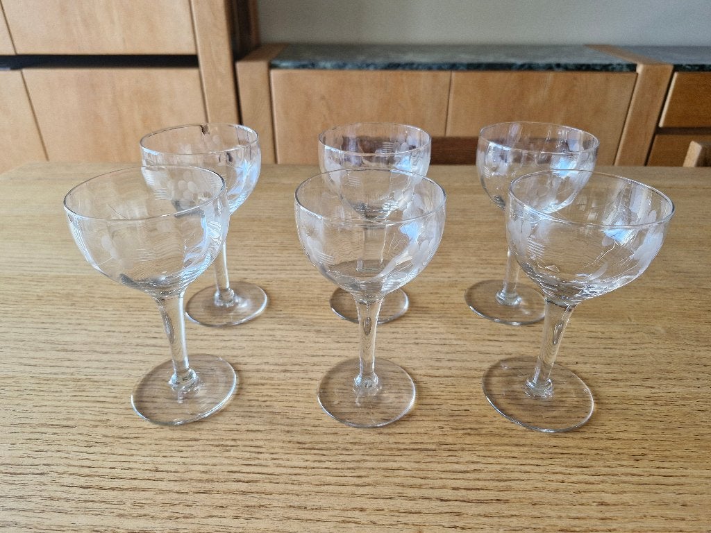 Set van 6 vintage gegraveerde glazen/coupes, Antiek en Kunst, Antiek | Glaswerk en Kristal, Ophalen