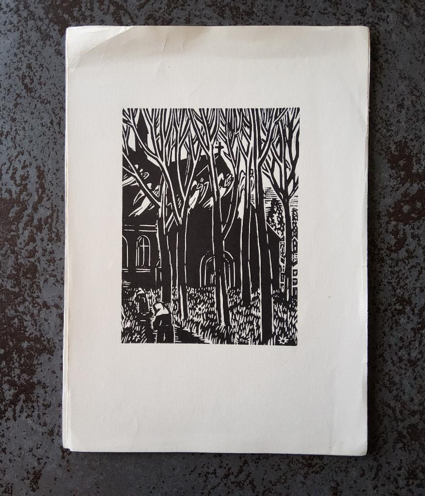 Houtsnede Brugge het Begijnhof door Frans Masereel, Antiek en Kunst, Kunst | Etsen en Gravures, 28 cm, 1950 - 1999, Religie, 19 cm