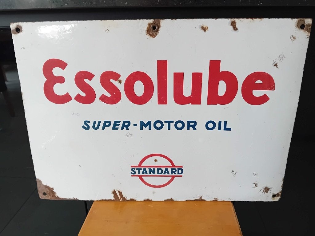 Panneau d'affichage émaillé ESSOLUBE 1936 Em. Koekelberg, Collections, Enlèvement ou Envoi, Utilisé, Panneau publicitaire