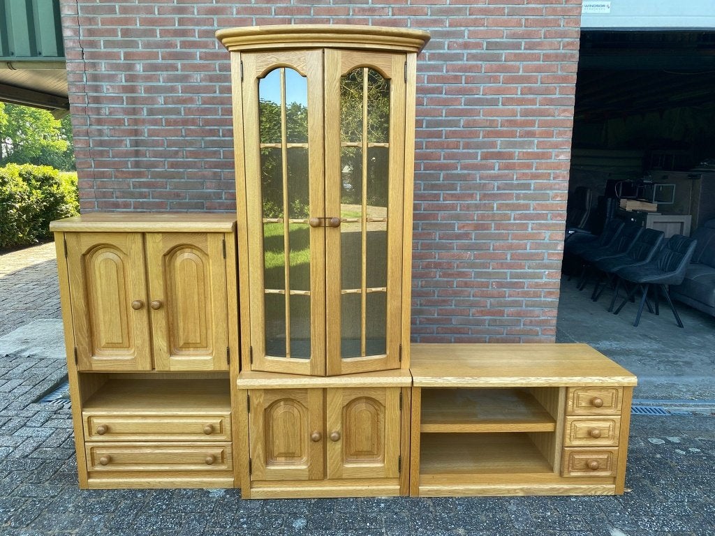 Blank eiken wandmeubel / wandkast 5 delige kasten met glas, Huis en Inrichting, Kasten | Wandmeubels, Gebruikt, Met deur(en), 200 cm of meer