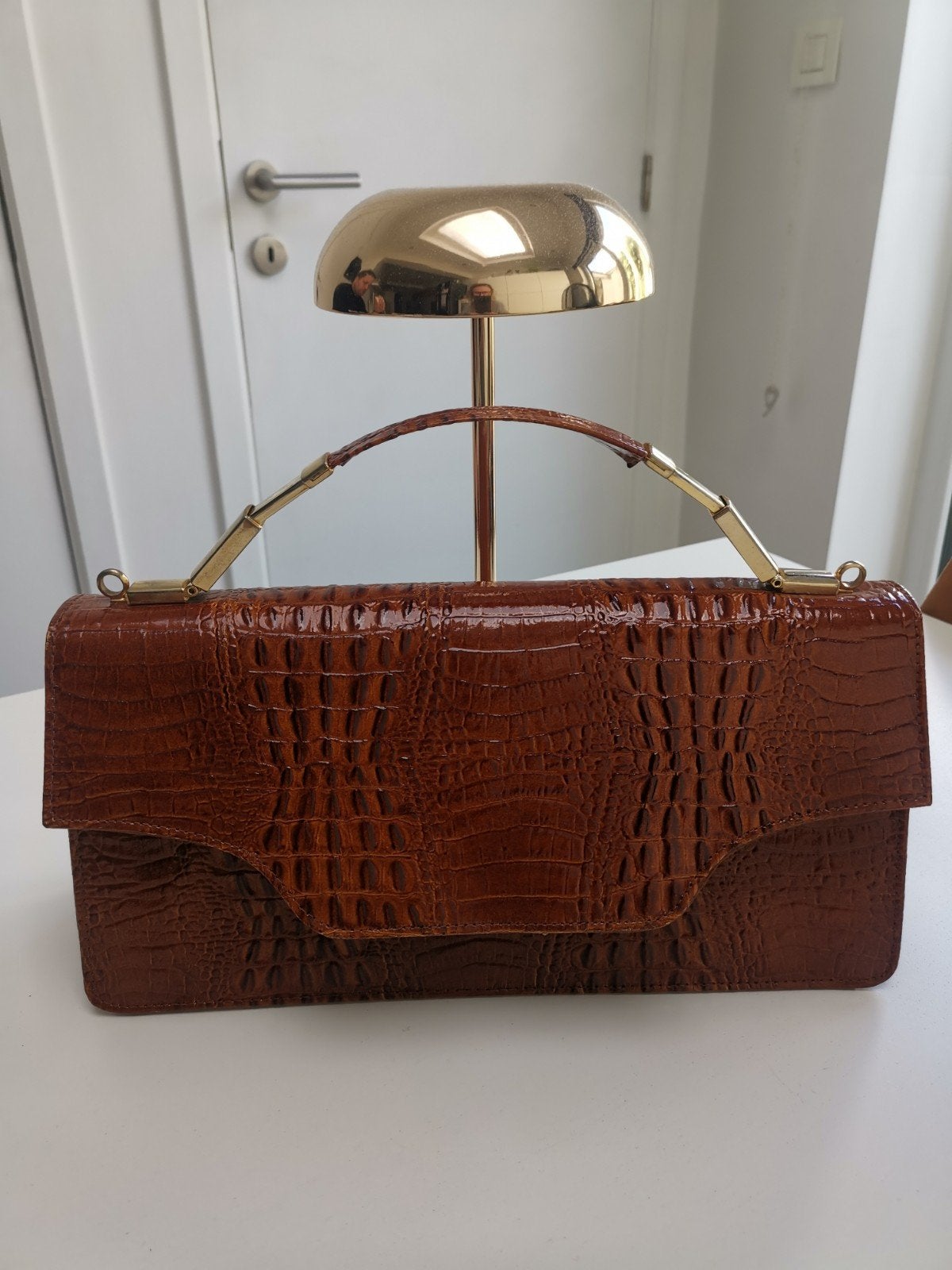 Vintage handtas krokodillenleder jaren '60, Enlèvement ou Envoi, Utilisé, Brun, Sac à main
