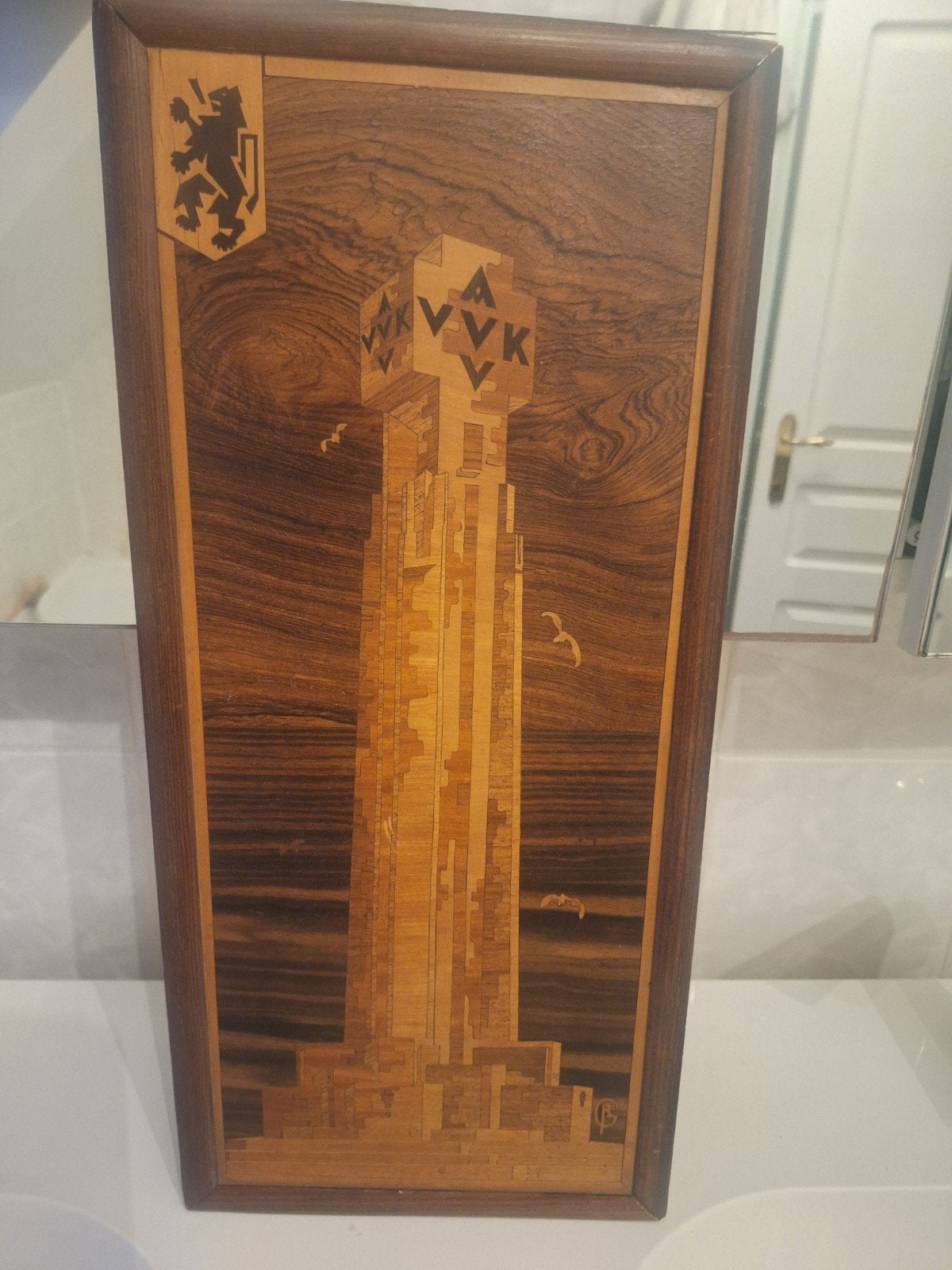 Vintage Houten inlegwerk ijzertoren jaren 30 -40, Verzamelen, Ophalen of Verzenden, Landmacht, Kunstobject