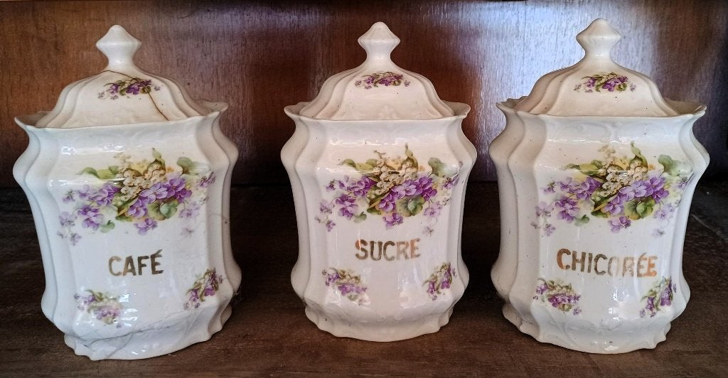 3 pots anciens de cuisine (faïence) – Café, Sucre, Chicorée, Antiquités & Art, Enlèvement