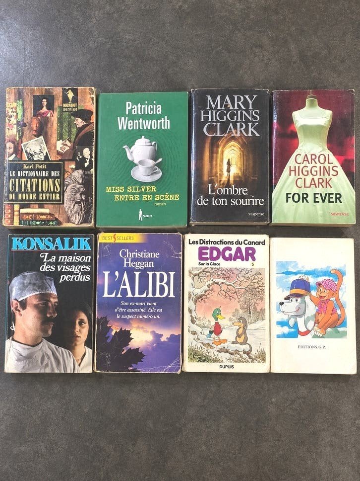Lot 8 vintage boeken/romans/strips — Mary Higgins Clark, Edg, Verzenden