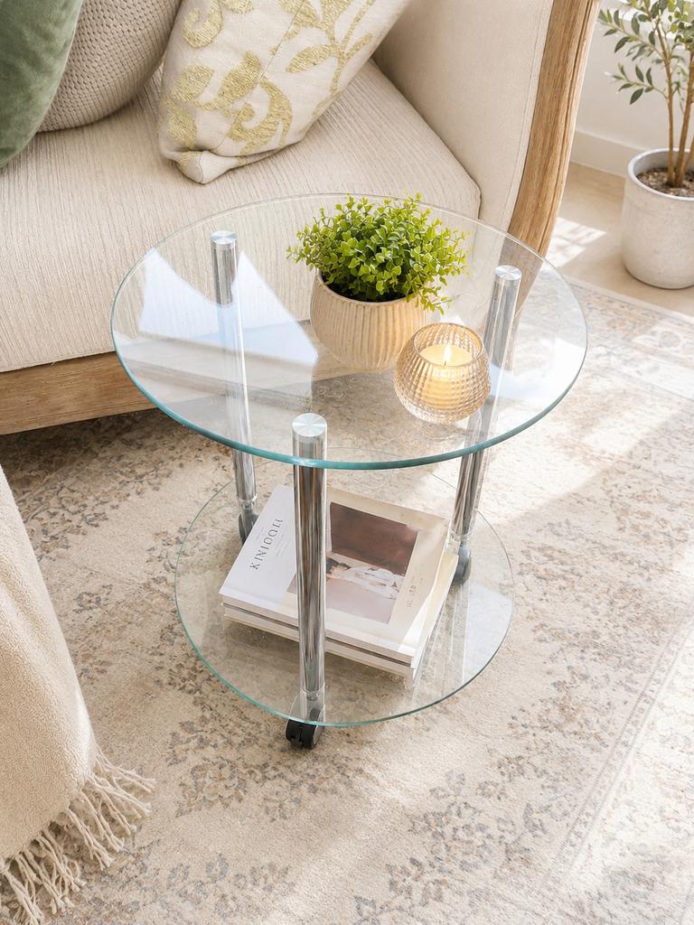 Glazen bijzettafel op wieltjes, Ophalen, Zo goed als nieuw, Glas