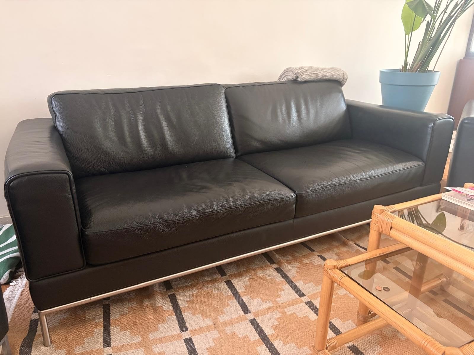 1 triplace + 2 monoplaces, Maison & Meubles, Canapés | Salons, Enlèvement, Mid-century modern, zwart leder, vintage