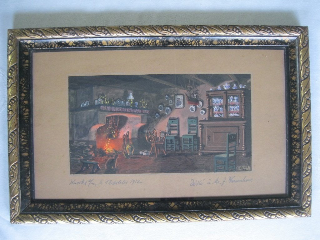 Erfgoed Knokke 1912 - Intérieur d'une maison de pêcheur, Gouache, Enlèvement ou Envoi, Autres sujets, Encadré