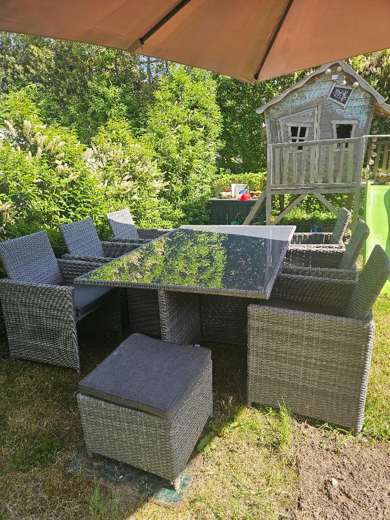 Hartman Grandset 6 met 2 voetenbankjes en kussens, Rotin, Salons de jardin, Enlèvement, Utilisé