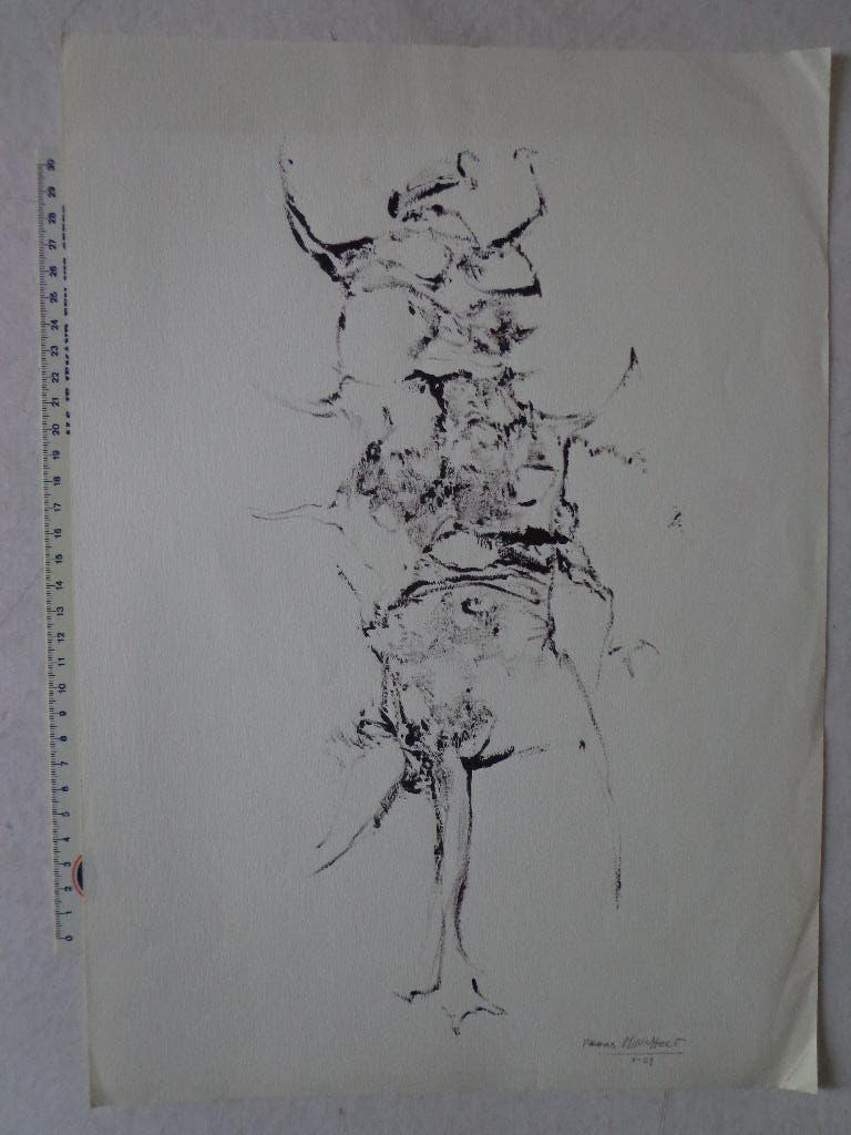 originele tekening van Frans Minnaert "vreemd personage", Enlèvement ou Envoi