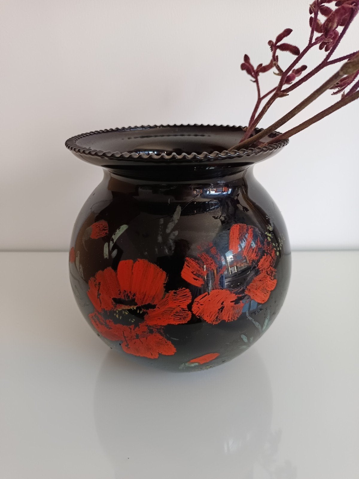 Vaas Boom zwarte glas handgeschilderd, Antiek en Kunst, Ophalen of Verzenden
