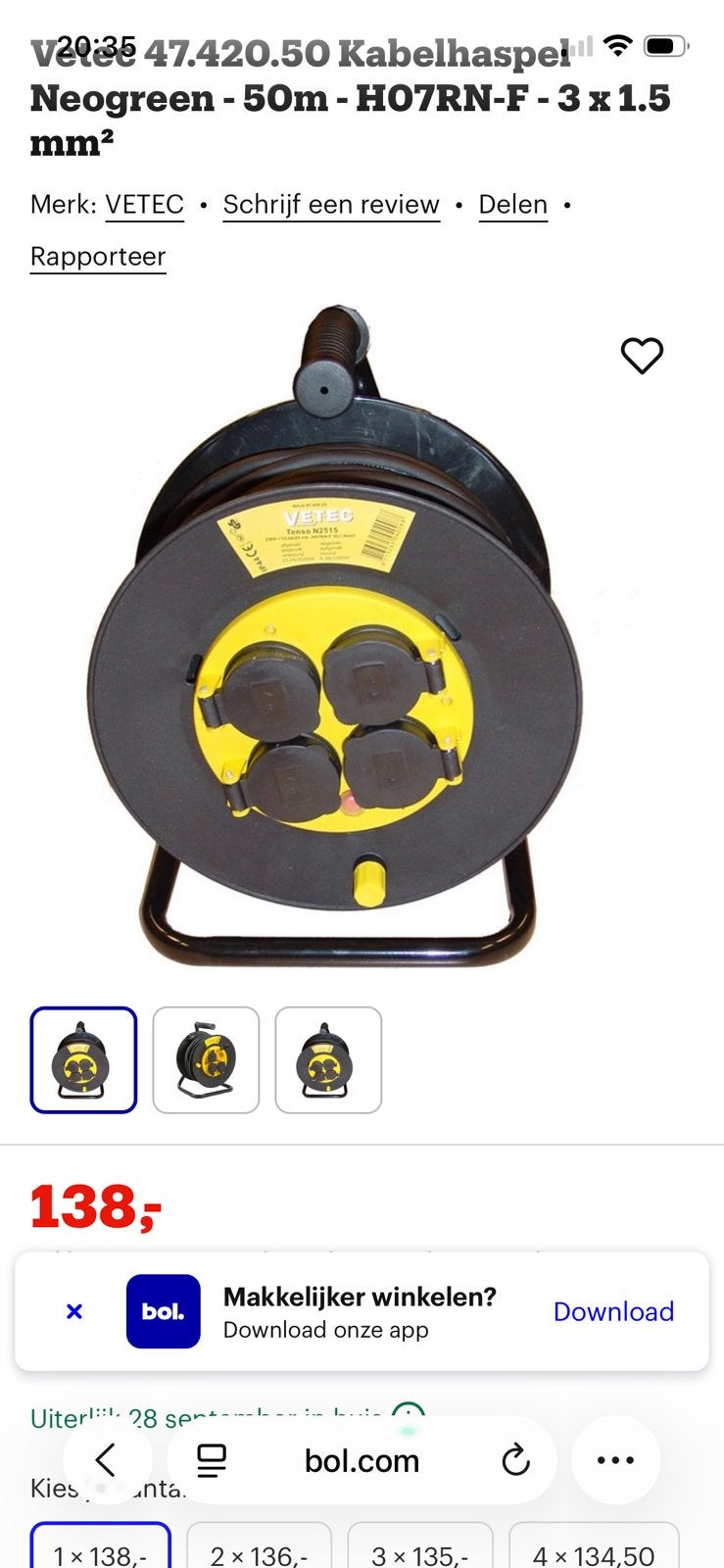 Kabel haspel 50 meter, Doe-het-zelf en Bouw, Ophalen, Zo goed als nieuw