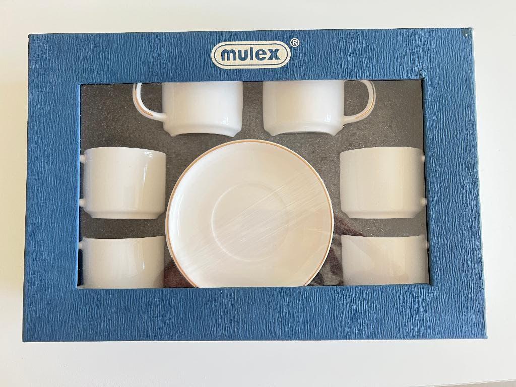 Ensemble 6 tasses et 6 sous-tasses blanches et dorées Mulex, Neuf, Enlèvement ou Envoi, Céramique, Autres styles