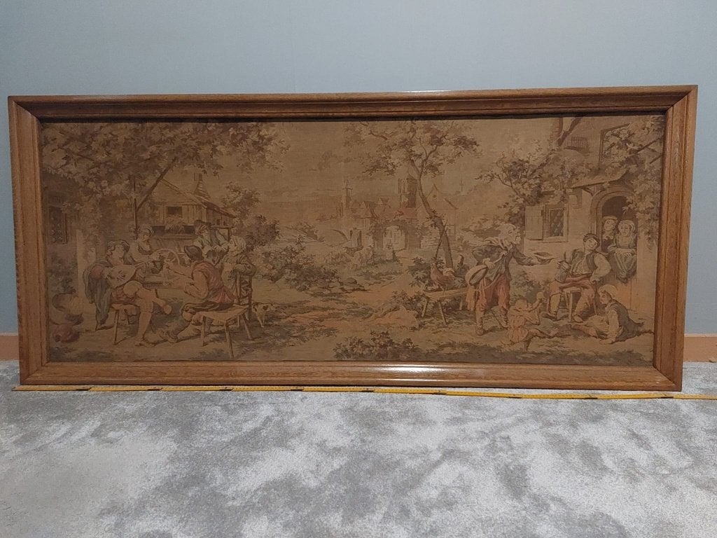 Klassiek langwerpig wandtapijt in houten lijst, Antiek en Kunst, Ophalen, Klassiek, Stads- / dorpsgezicht, Ingelijst