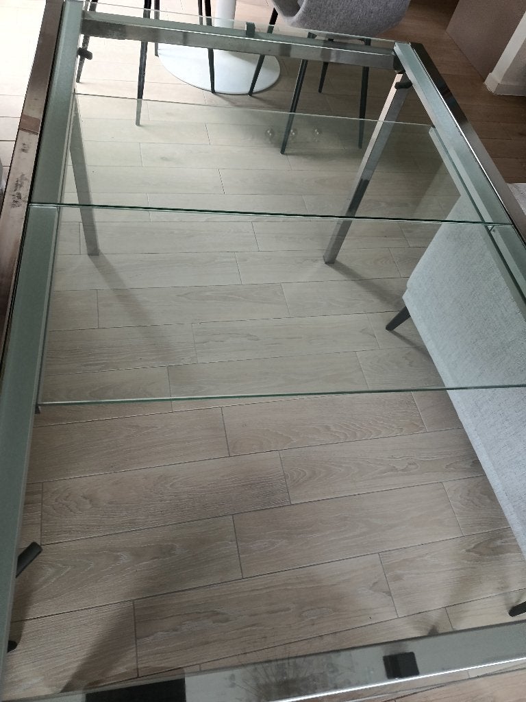 Glazen eettafel chrome, Huis en Inrichting, Ophalen, Gebruikt, 100 tot 150 cm, 50 tot 100 cm