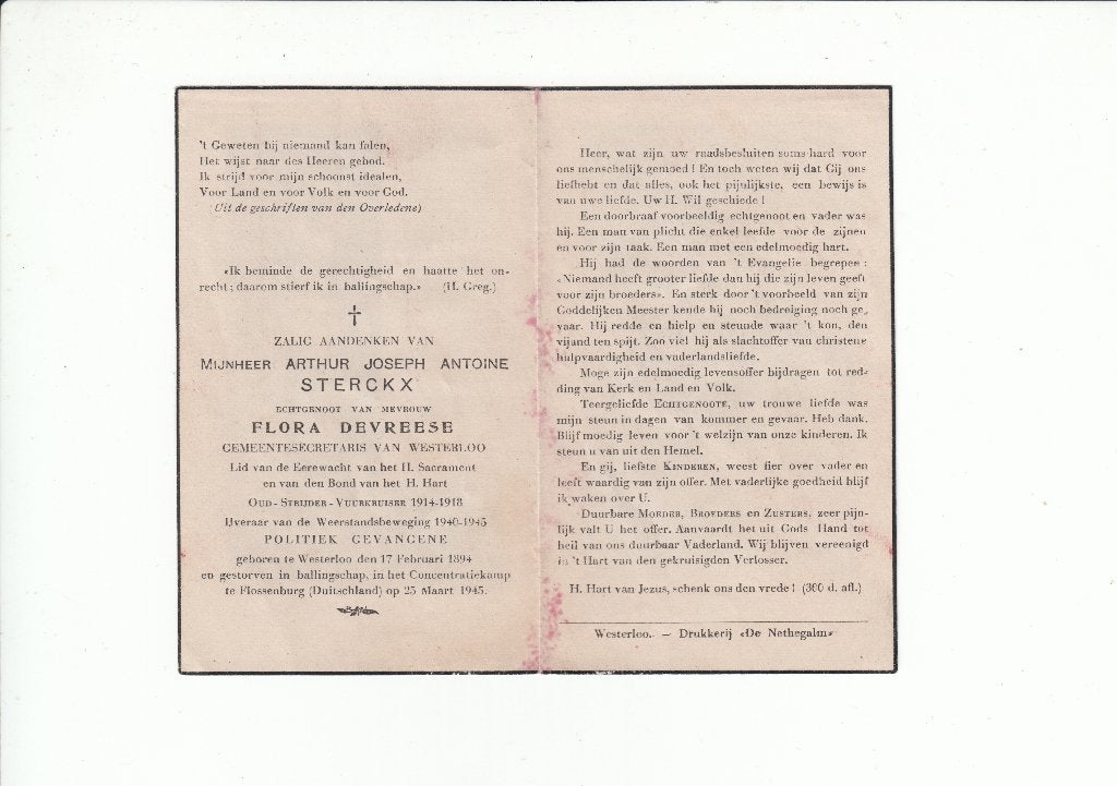 Slachtoffer WO II - Westerlo - kamp Flossenburg (D) 1945, Verzamelen, Bidprentjes en Rouwkaarten, Verzenden, Bidprentje