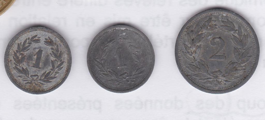 Lot de 3 pièces suisses en zing WWII, Enlèvement ou Envoi, Autres pays, Monnaie en vrac