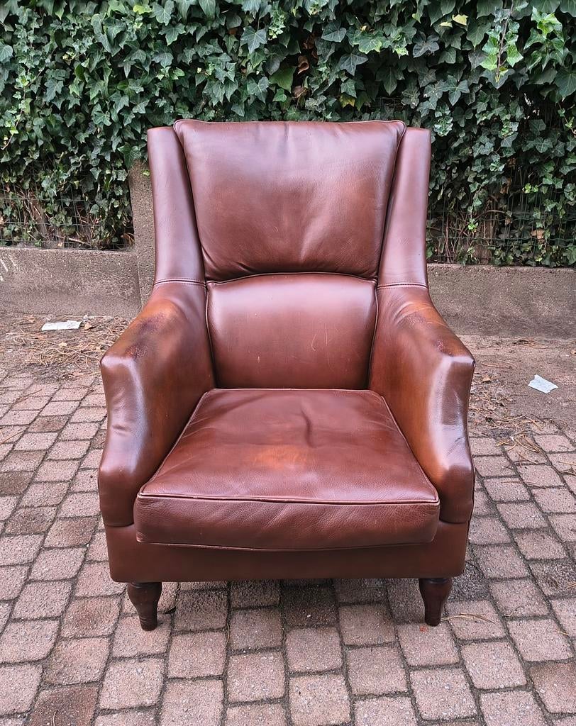 Oude Vintage Fauteuil Lederen Bekleding Mooie Patina, Antiek en Kunst, Ophalen