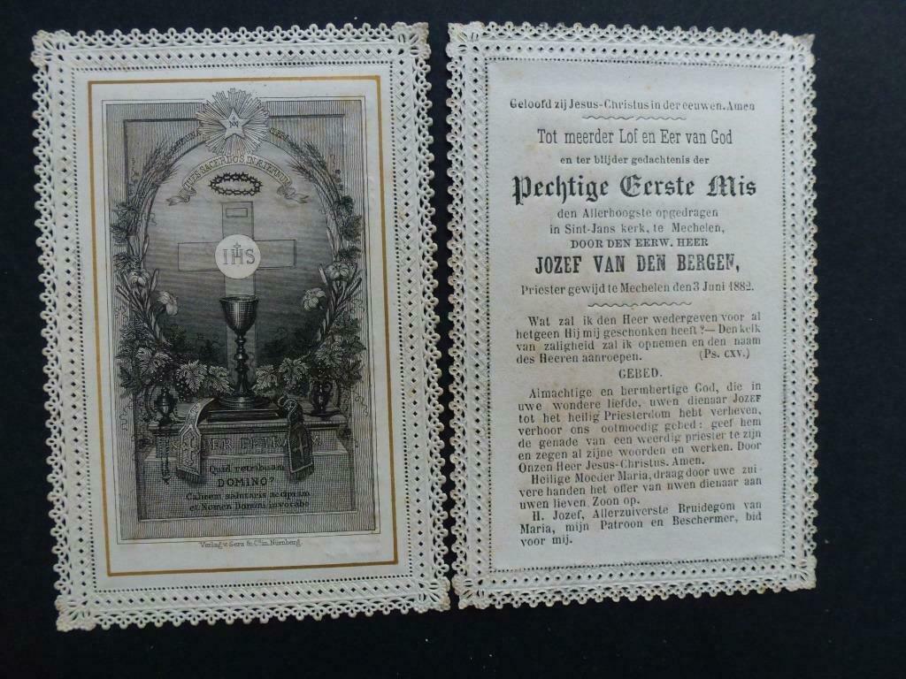 oud bidprentje eerste mis Jozef Van den Bergen 1882, Verzenden, Bidprentje