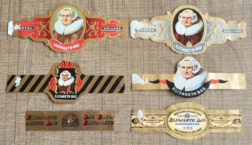 6 oude sigarenbandjes: Elisabeth Bas sigarenfabriek Holland, Ophalen of Verzenden, Gebruikt, Sigarenbandjes