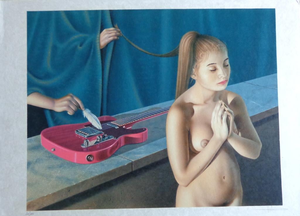 BERNARD MOLDAWAN / NAAKTE VROUW GITAAR / KLEURLITHO 56x76cm, Enlèvement ou Envoi
